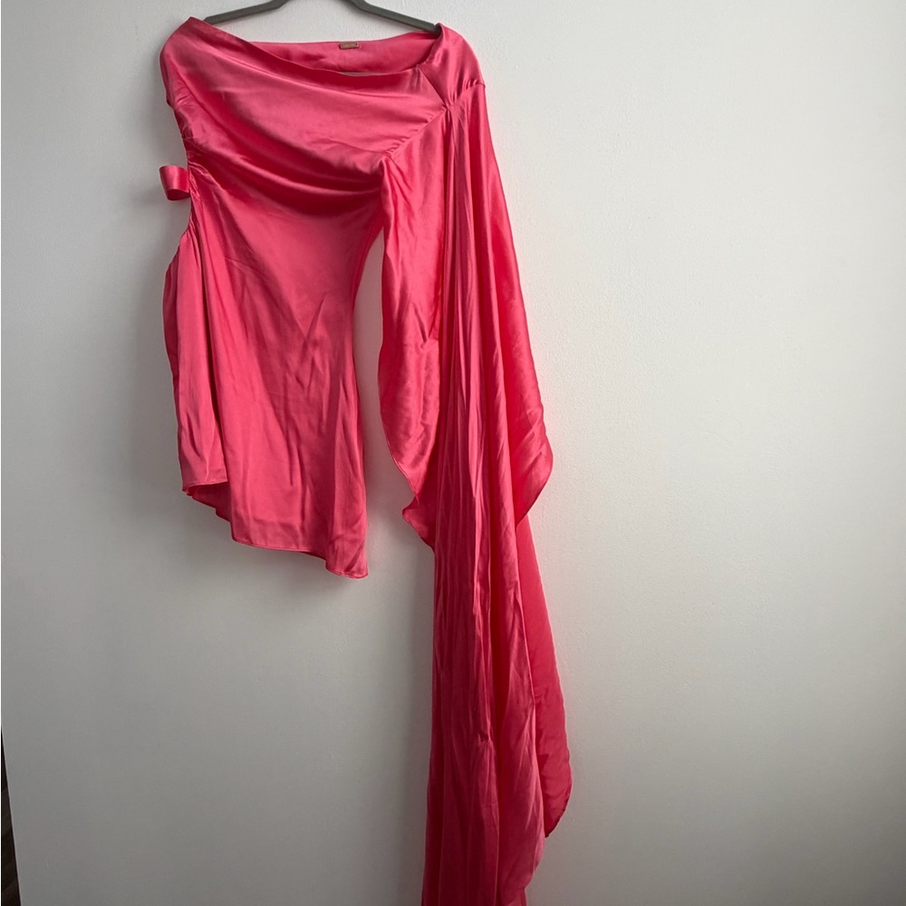 cult gaia One-Shoulder Hot Pink Satin Mini Dress with Draped Sleeve - Picture 3 of 5